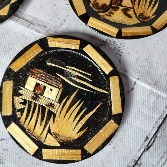 Japan Asian Wood Carved Coasters With Storage Box - Picture 5 of 14